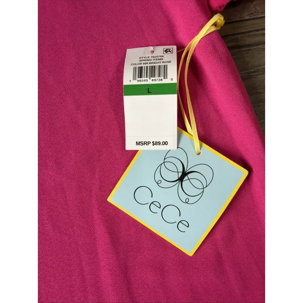 NWT CeCe Pink Dress L Ruffle Puff Sleeve Shift Barbiecore Dopamine Msrp 89.00